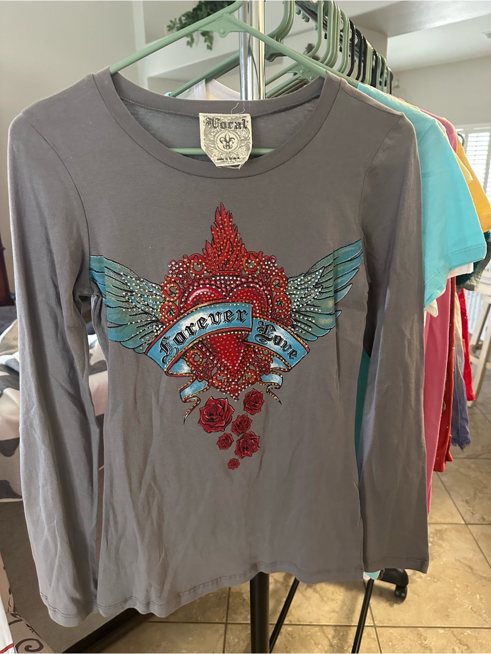 Forever Love Embellished Long Sleeve Tee - Gray multi by Vocal
Size:Sm-Xl